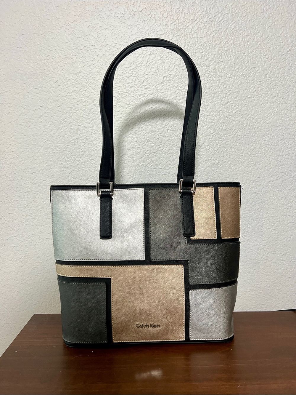 Calvin Klein Saffiano Leather Patchwork Tote in Multi-Metallic Tones
